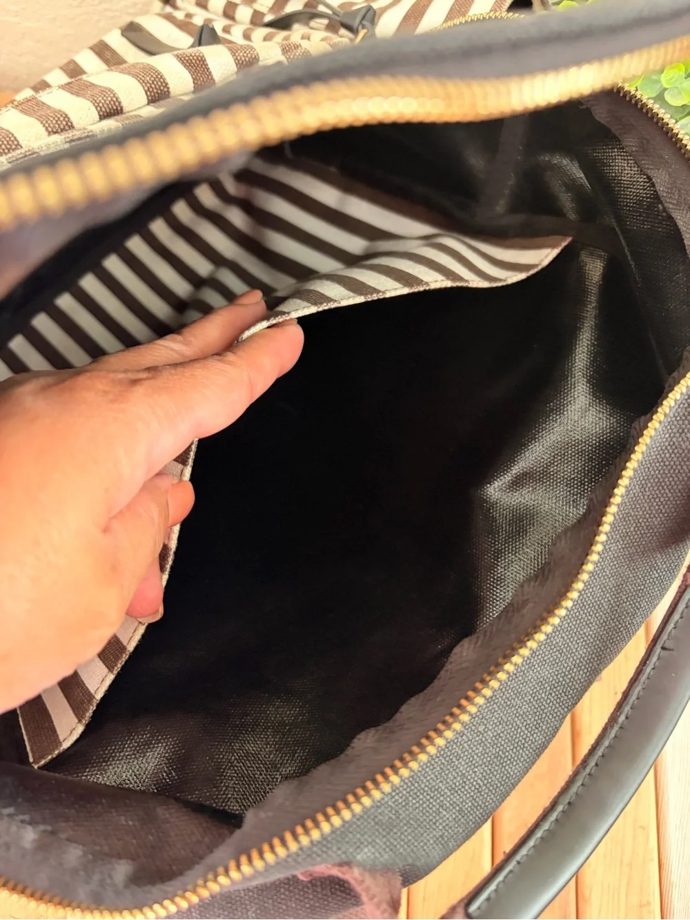 Henri Bendel Brown Stripe Backpack, Travel Backpack, Structurally Excellent